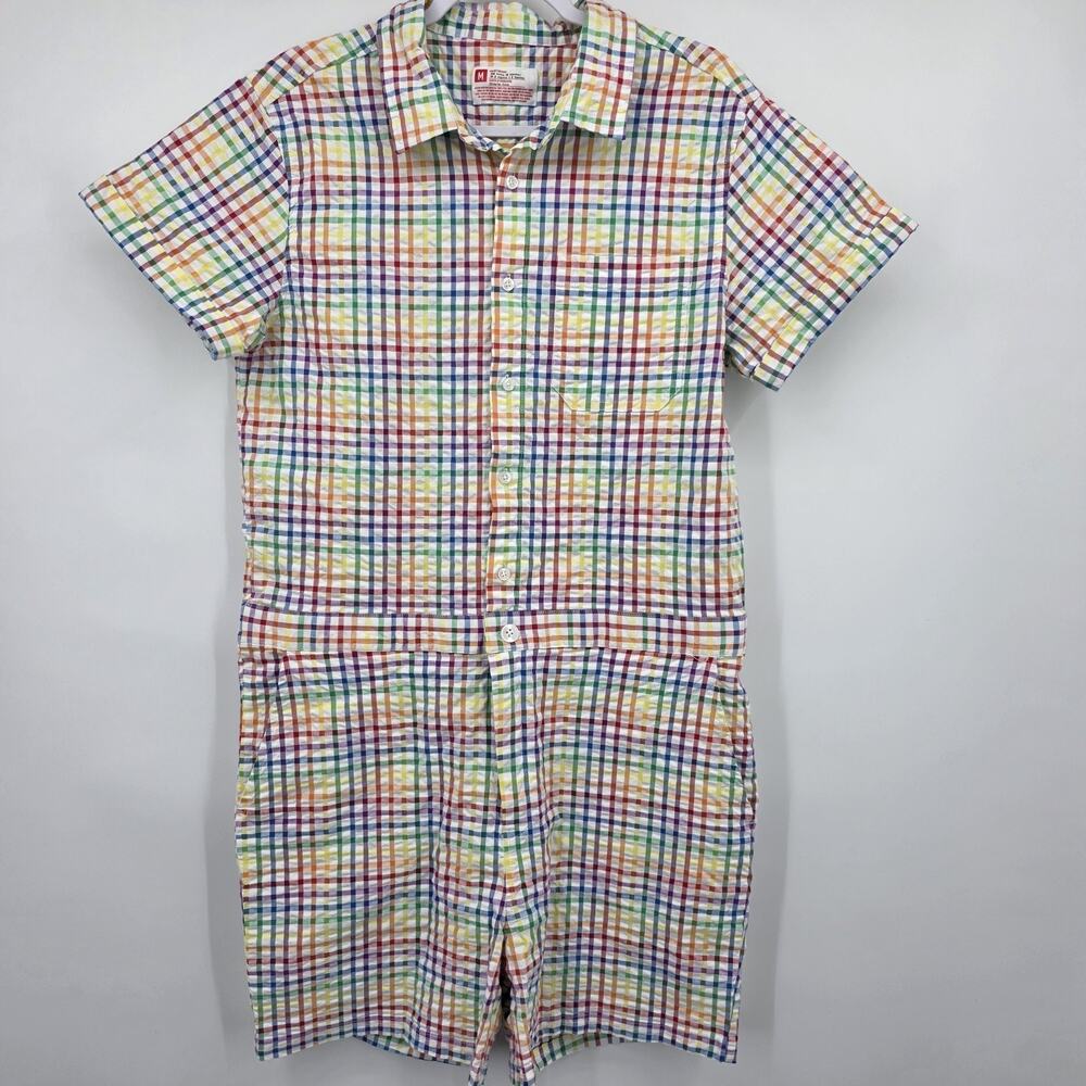 TakePride Romper Medium Rainbow Plaid Seersucker S/S Button Front Unisex Pride